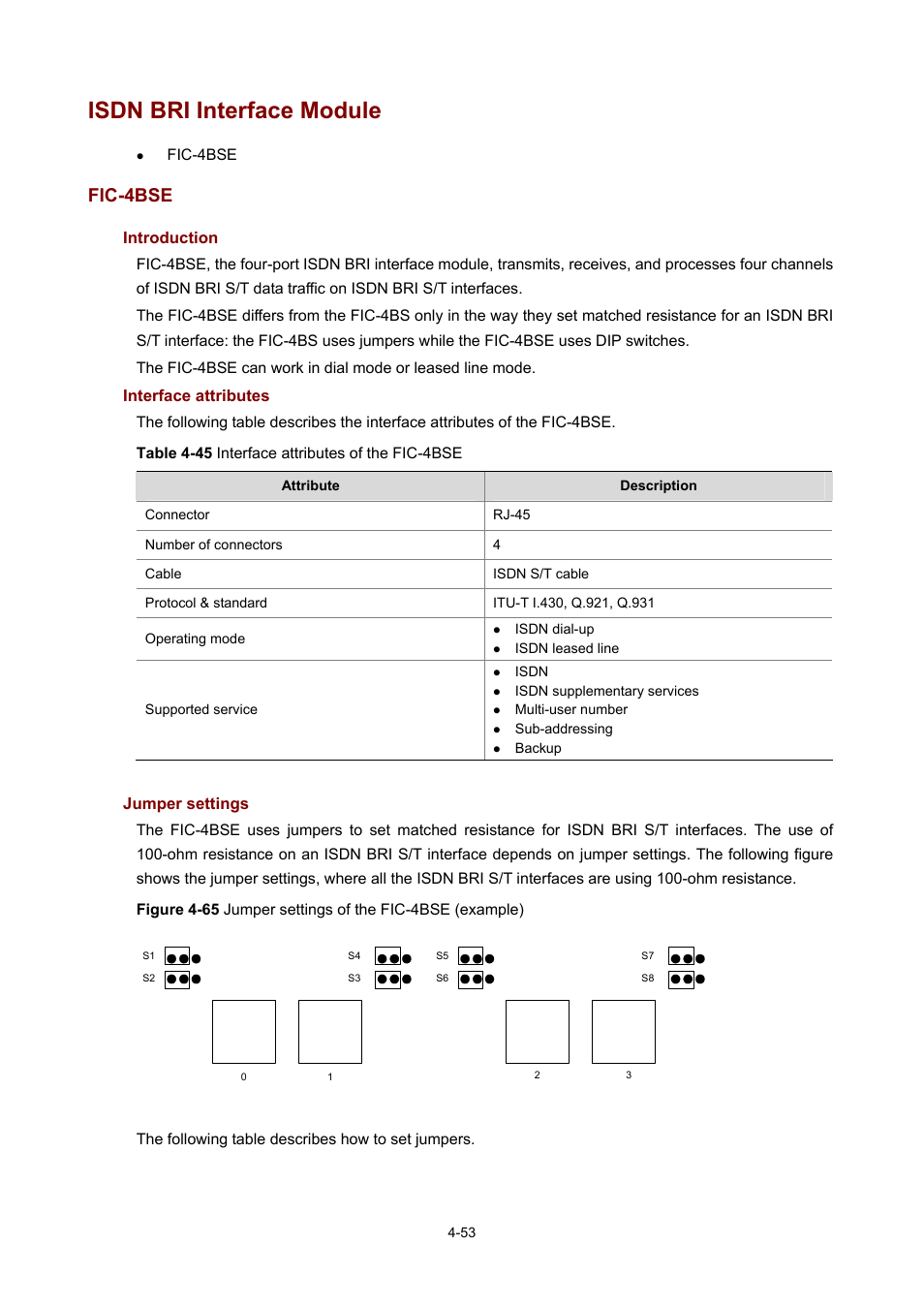 Isdn bri interface module, Fic-4bse, Introduction | Interface attributes, Jumper settings | H3C Technologies H3C MSR 50 User Manual | Page 248 / 308