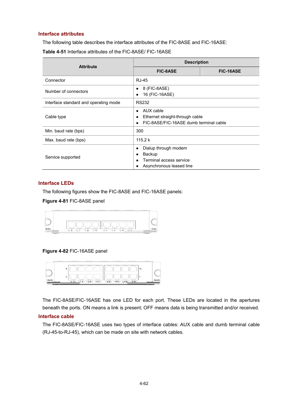 Interface attributes, Interface leds, Interface cable | H3C Technologies H3C MSR 50 User Manual | Page 257 / 308