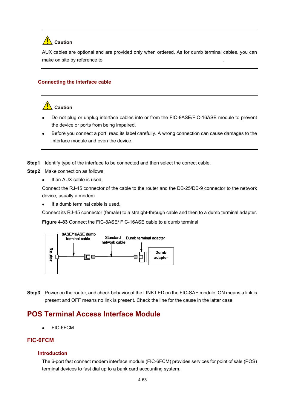 Connecting the interface cable, Pos terminal access interface module, Fic-6fcm | Introduction | H3C Technologies H3C MSR 50 User Manual | Page 258 / 308