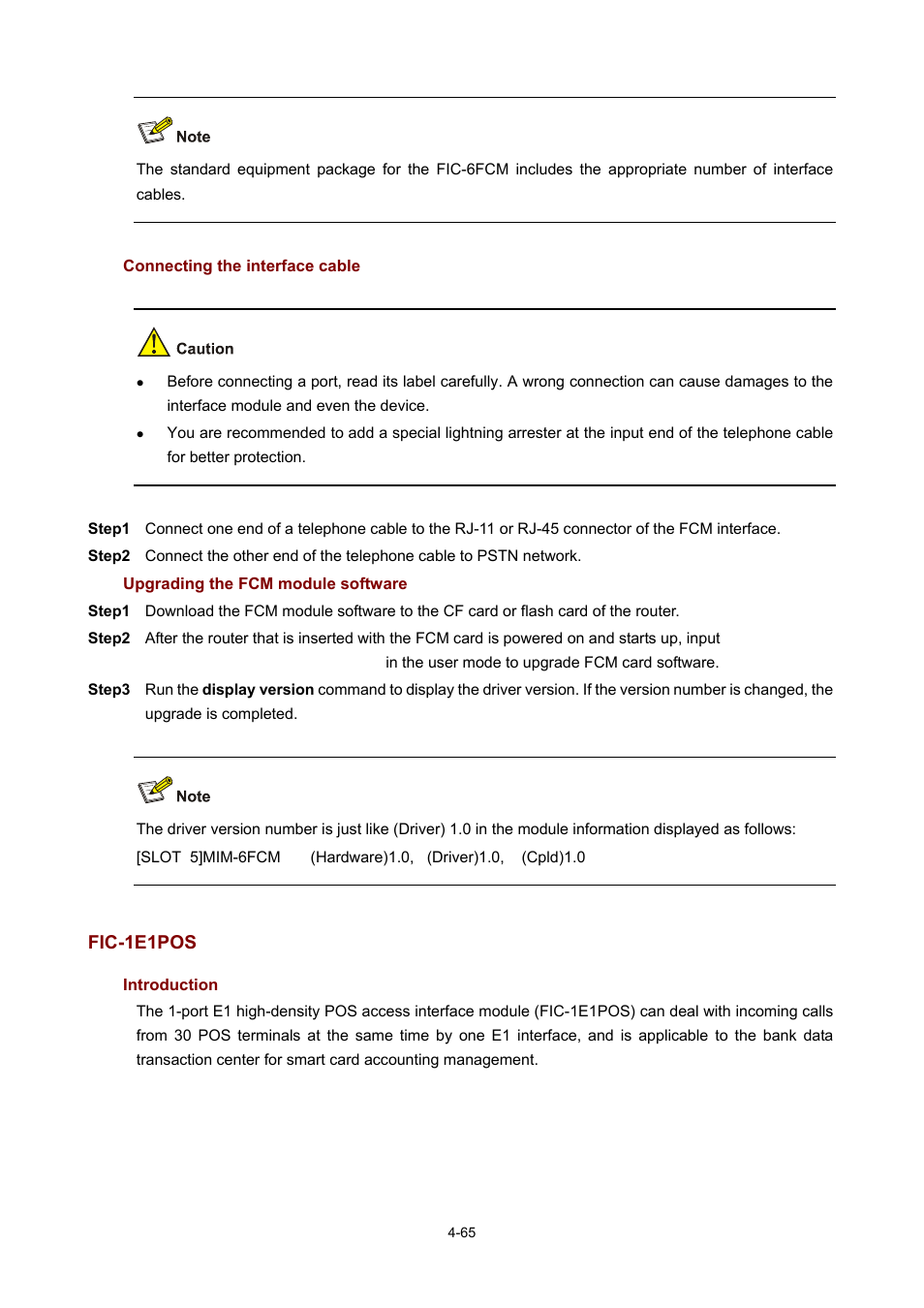 Connecting the interface cable, Upgrading the fcm module software, Fic-1e1pos | Introduction | H3C Technologies H3C MSR 50 User Manual | Page 260 / 308