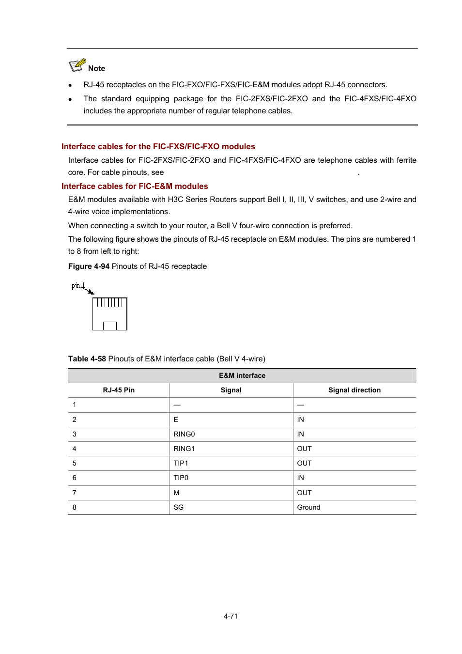 Interface cables for the fic-fxs/fic-fxo modules, Interface cables for fic-e&m modules | H3C Technologies H3C MSR 50 User Manual | Page 266 / 308