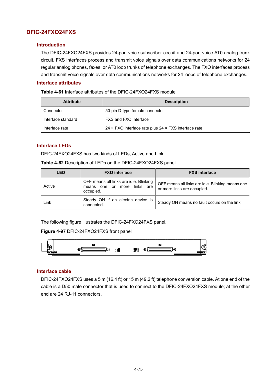 Dfic-24fxo24fxs, Introduction, Interface attributes | Interface leds, Interface cable | H3C Technologies H3C MSR 50 User Manual | Page 270 / 308