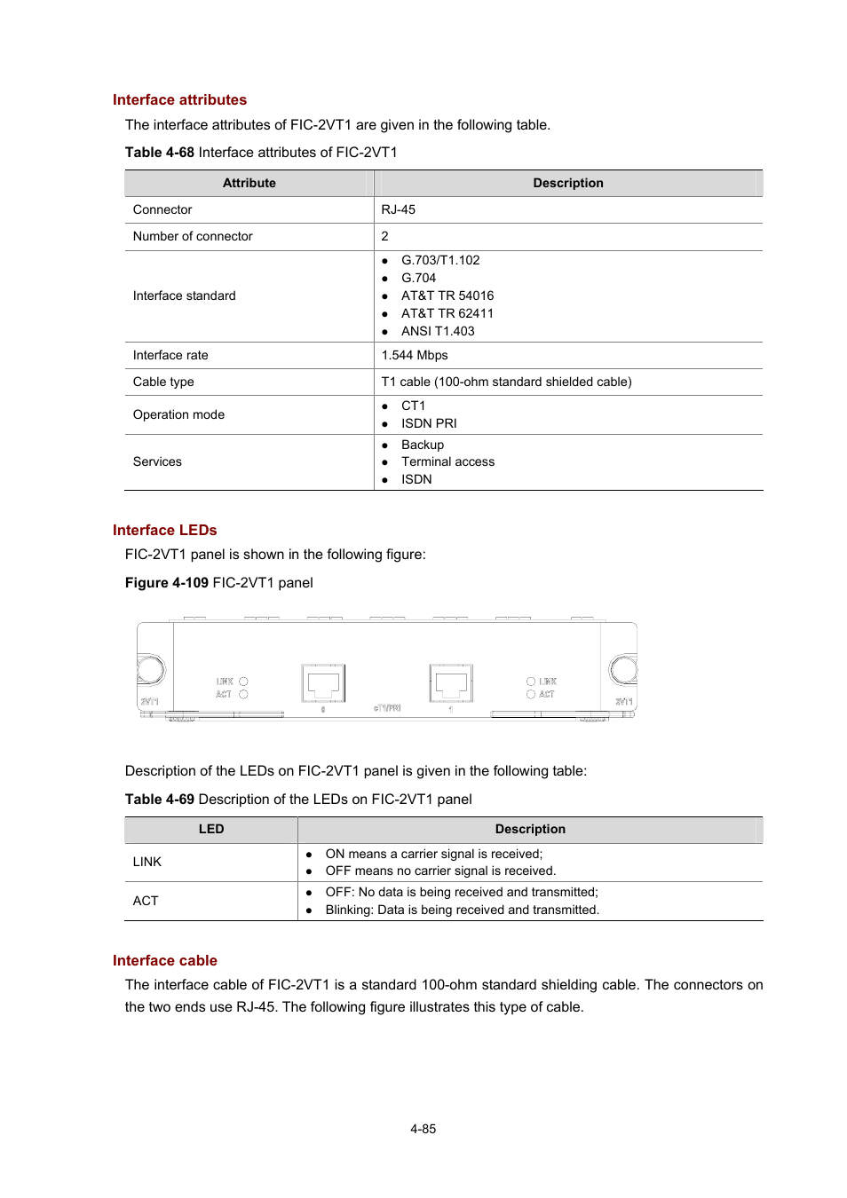 Interface attributes, Interface leds, Interface cable | H3C Technologies H3C MSR 50 User Manual | Page 280 / 308