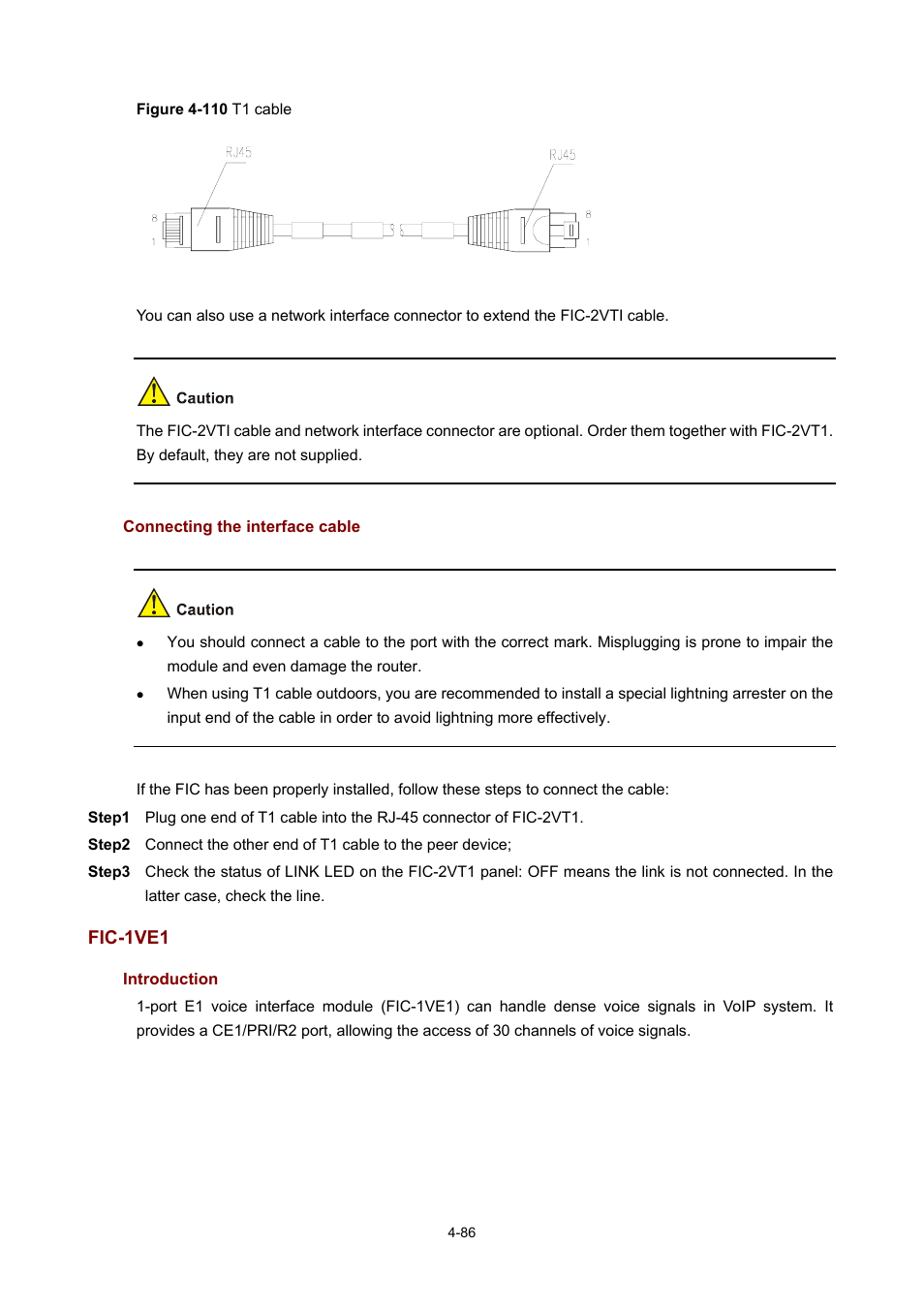 Connecting the interface cable, Fic-1ve1, Introduction | H3C Technologies H3C MSR 50 User Manual | Page 281 / 308