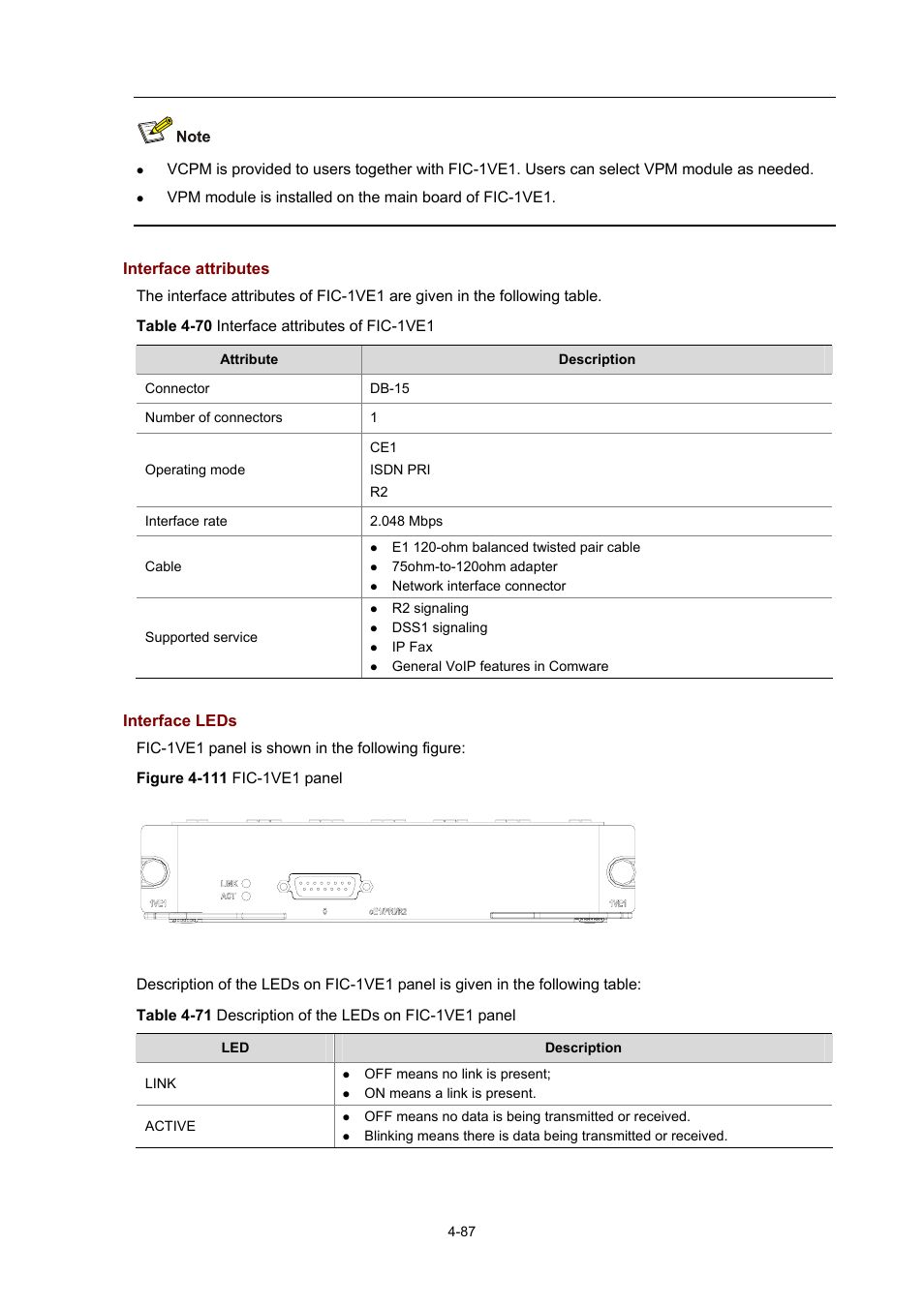 Interface attributes, Interface leds | H3C Technologies H3C MSR 50 User Manual | Page 282 / 308