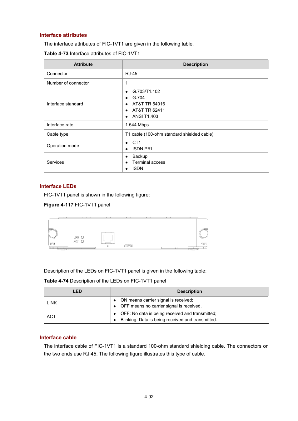 Interface attributes, Interface leds, Interface cable | H3C Technologies H3C MSR 50 User Manual | Page 287 / 308