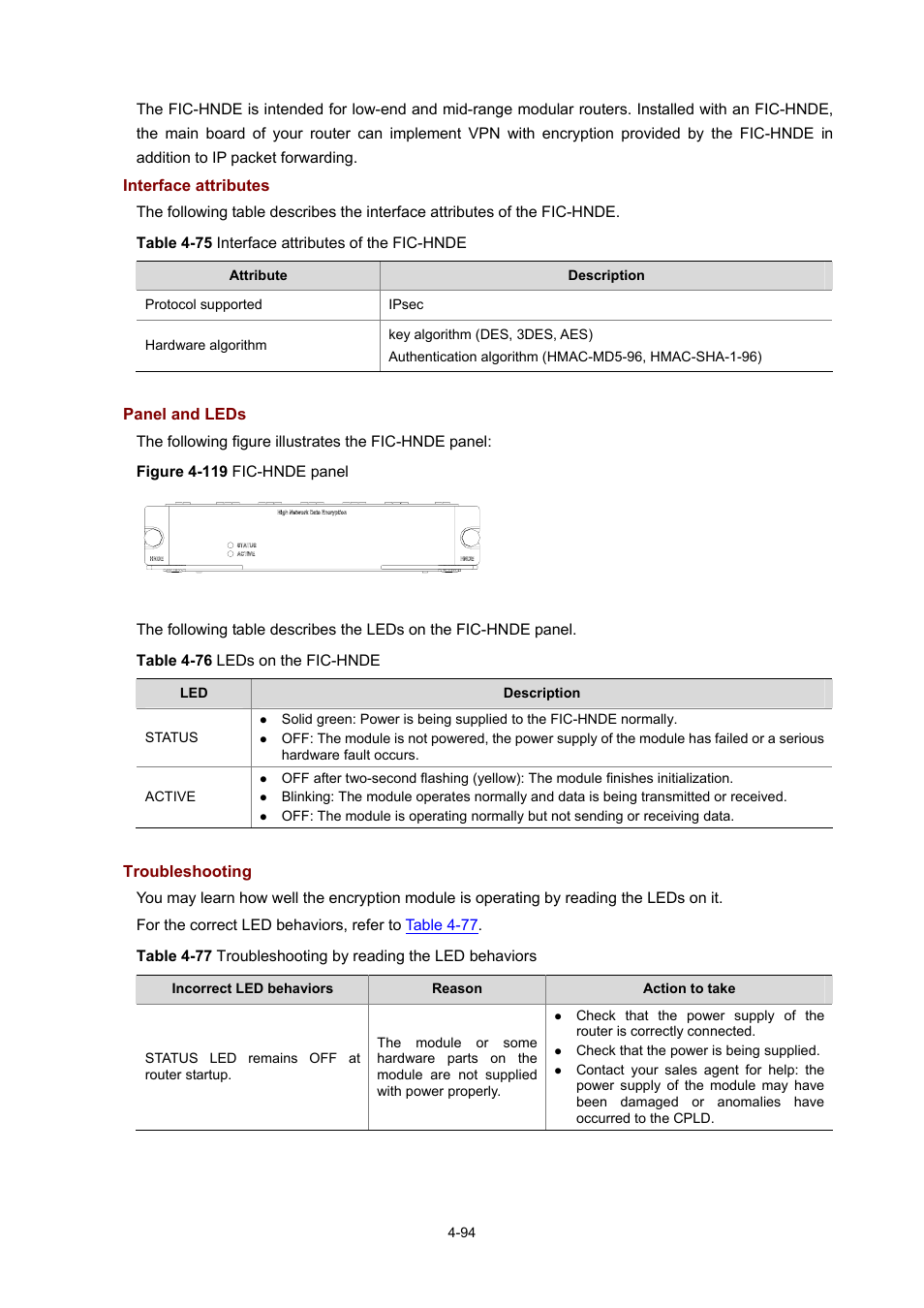 Interface attributes, Panel and leds, Troubleshooting | H3C Technologies H3C MSR 50 User Manual | Page 289 / 308