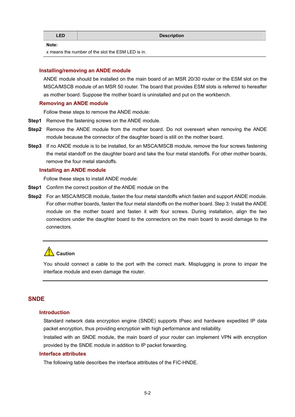 Installing/removing an ande module, Removing an ande module, Installing an ande module | Snde, Introduction, Interface attributes | H3C Technologies H3C MSR 50 User Manual | Page 292 / 308