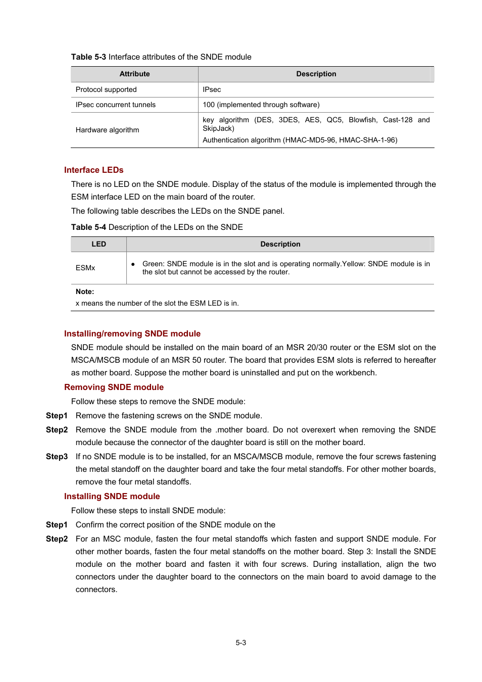 Interface leds, Installing/removing snde module, Removing snde module | Installing snde module | H3C Technologies H3C MSR 50 User Manual | Page 293 / 308