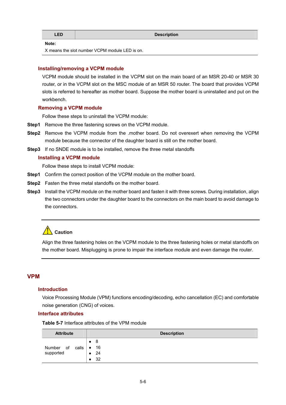 Installing/removing a vcpm module, Removing a vcpm module, Installing a vcpm module | Introduction, Interface attributes | H3C Technologies H3C MSR 50 User Manual | Page 296 / 308