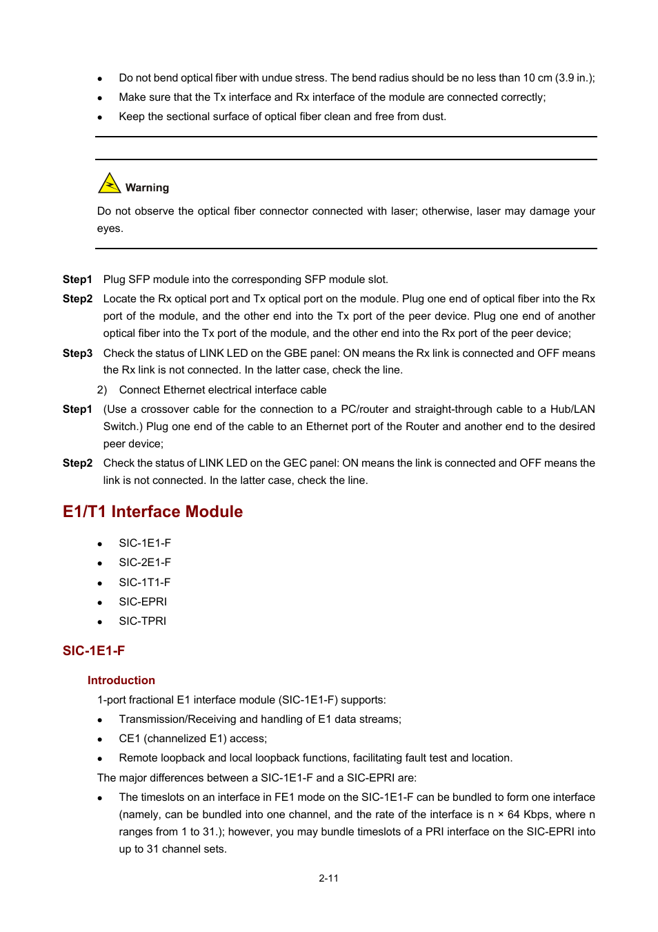 E1/t1 interface module, Sic-1e1-f, Introduction | H3C Technologies H3C MSR 50 User Manual | Page 31 / 308