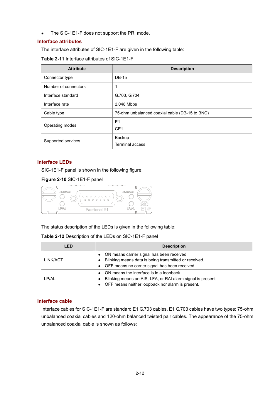 Interface attributes, Interface leds, Interface cable | H3C Technologies H3C MSR 50 User Manual | Page 32 / 308