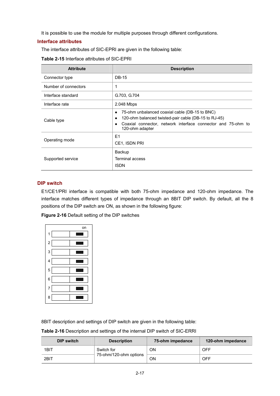 Interface attributes, Dip switch | H3C Technologies H3C MSR 50 User Manual | Page 37 / 308