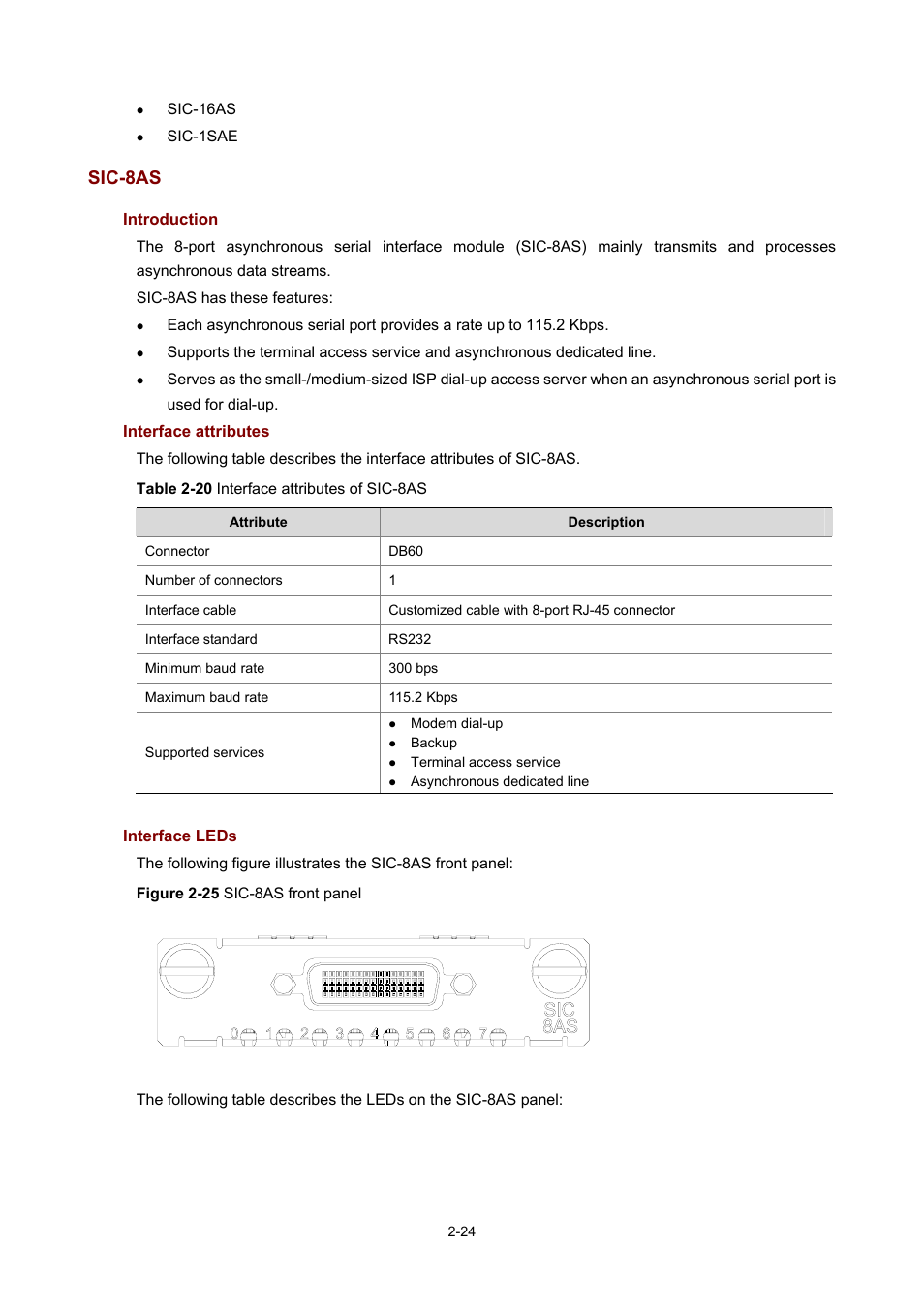 Sic-8as, Introduction, Interface attributes | Interface leds | H3C Technologies H3C MSR 50 User Manual | Page 44 / 308