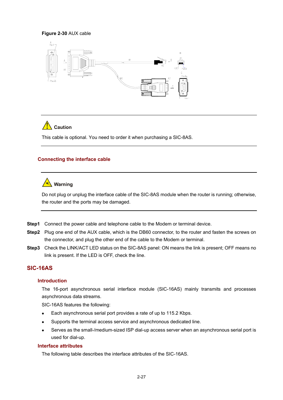 Connecting the interface cable, Sic-16as, Introduction | Interface attributes | H3C Technologies H3C MSR 50 User Manual | Page 47 / 308