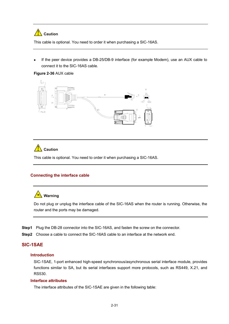 Connecting the interface cable, Sic-1sae, Introduction | Interface attributes | H3C Technologies H3C MSR 50 User Manual | Page 51 / 308