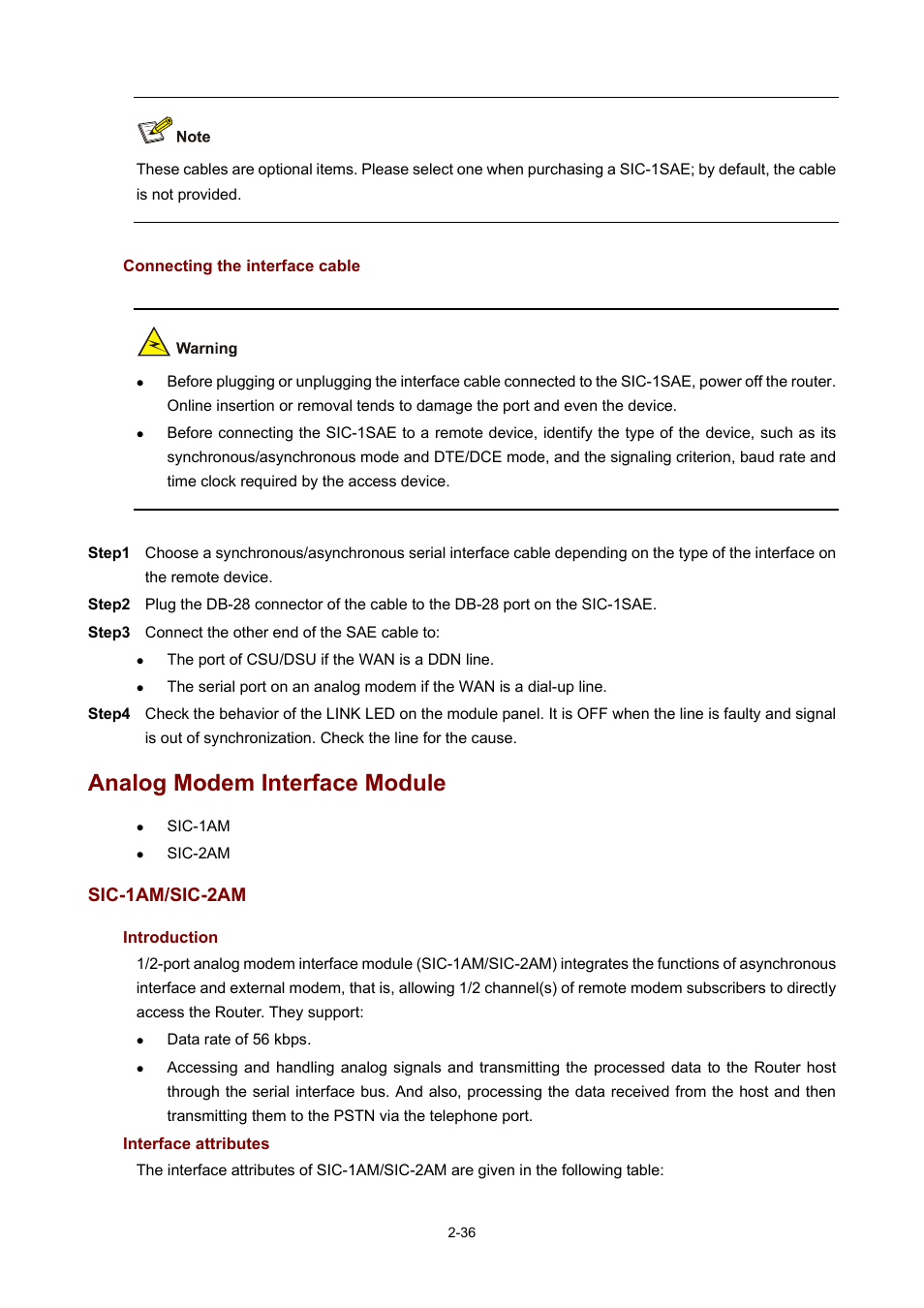 Connecting the interface cable, Analog modem interface module, Sic-1am/sic-2am | Introduction, Interface attributes | H3C Technologies H3C MSR 50 User Manual | Page 56 / 308