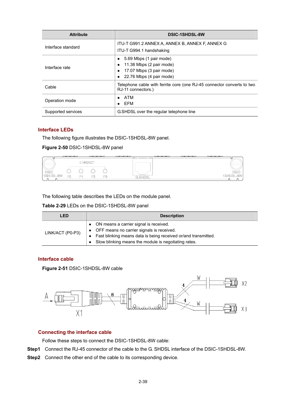 Interface leds, Interface cable, Connecting the interface cable | H3C Technologies H3C MSR 50 User Manual | Page 59 / 308