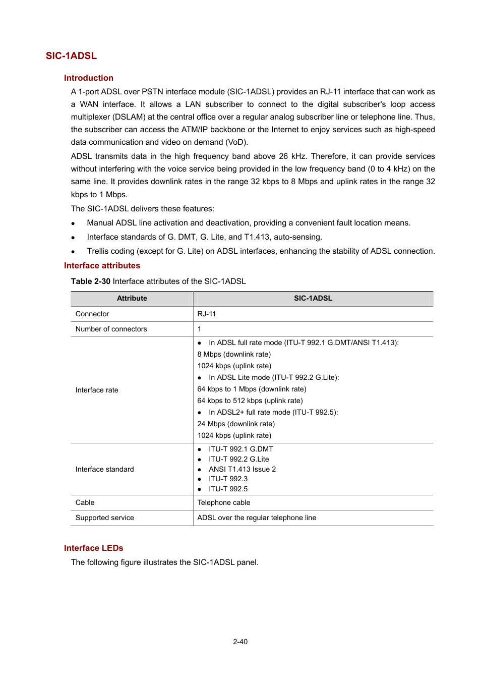 Sic-1adsl, Introduction, Interface attributes | Interface leds | H3C Technologies H3C MSR 50 User Manual | Page 60 / 308