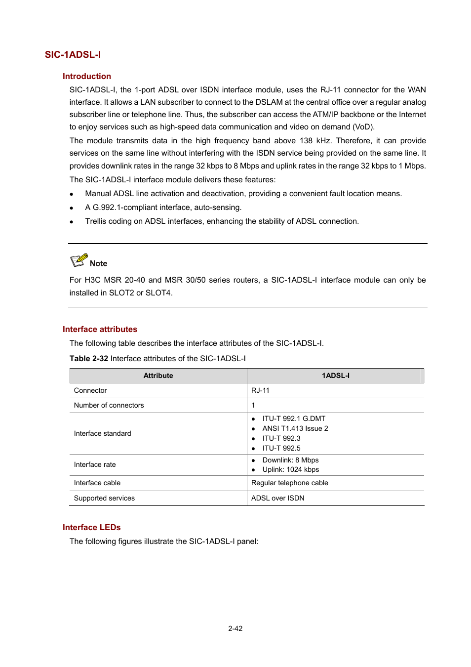 Sic-1adsl-i, Introduction, Interface attributes | Interface leds | H3C Technologies H3C MSR 50 User Manual | Page 62 / 308