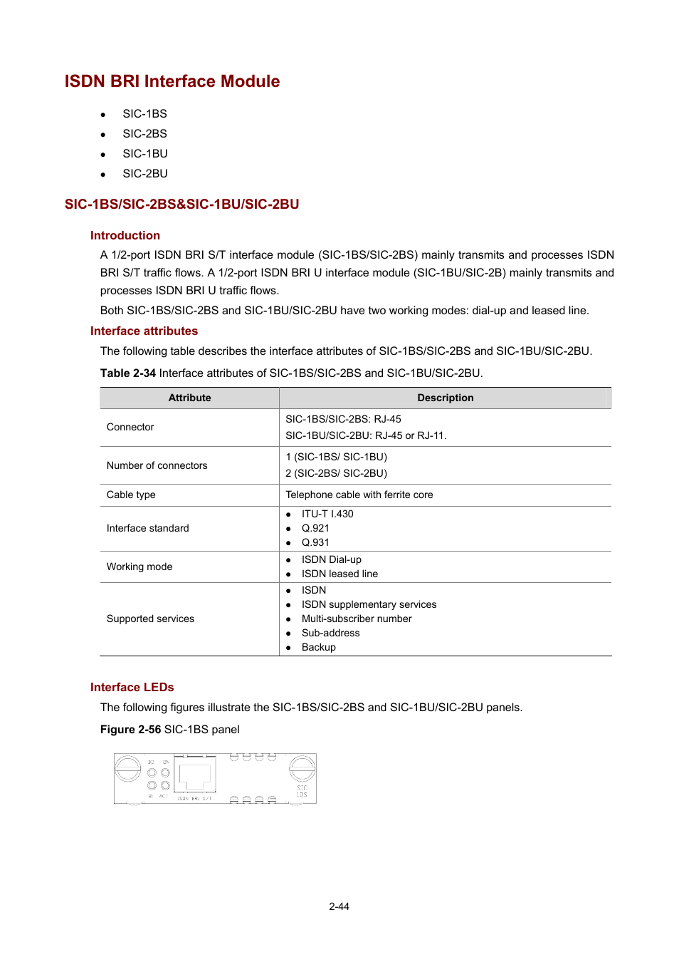 Isdn bri interface module, Sic-1bs/sic-2bs&sic-1bu/sic-2bu, Introduction | Interface attributes, Interface leds | H3C Technologies H3C MSR 50 User Manual | Page 64 / 308