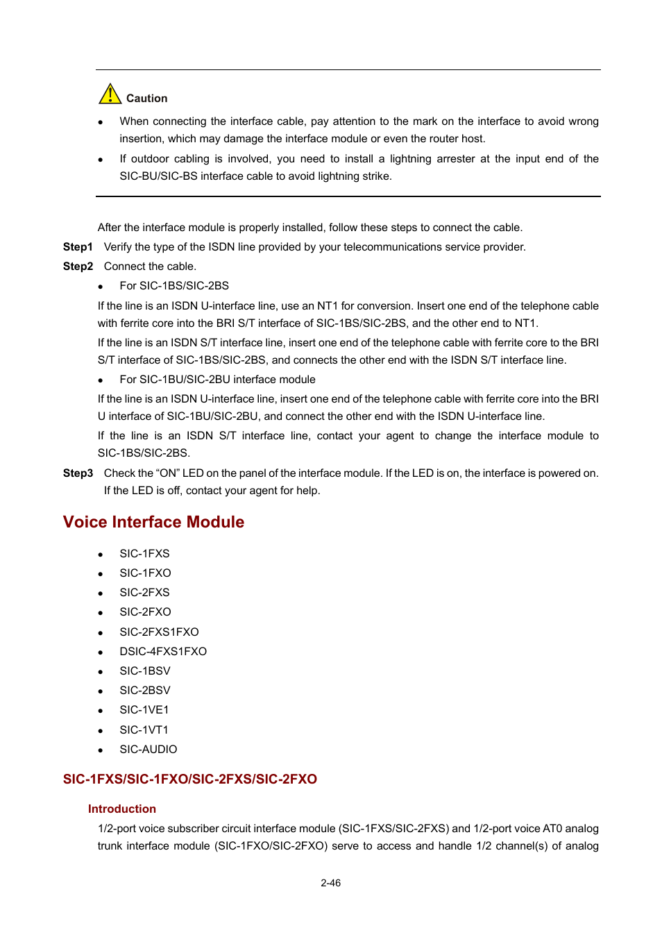 Voice interface module, Sic-1fxs/sic-1fxo/sic-2fxs/sic-2fxo, Introduction | H3C Technologies H3C MSR 50 User Manual | Page 66 / 308