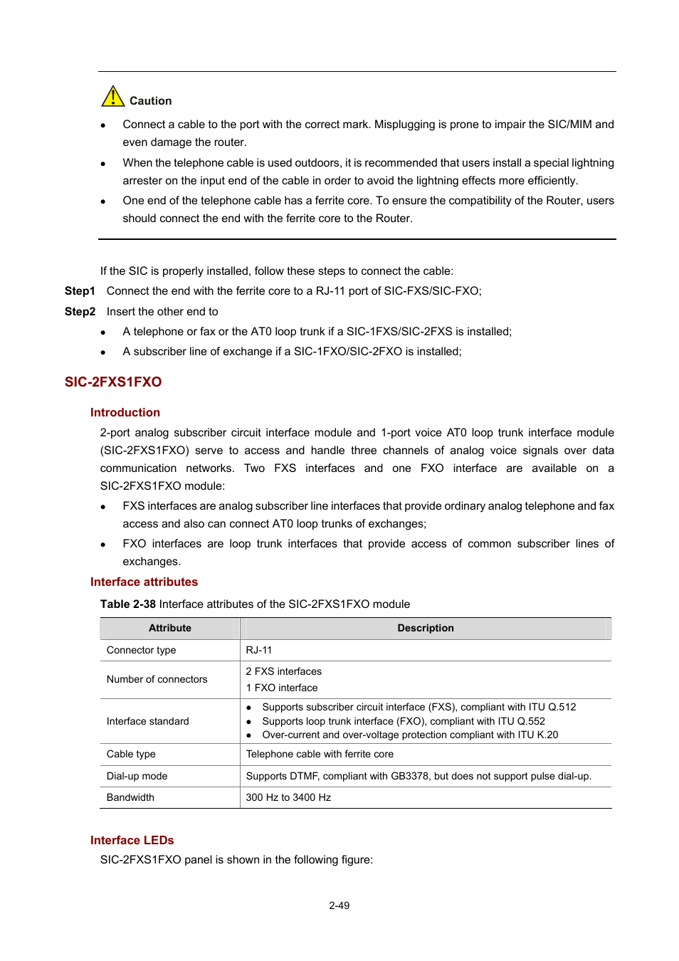 Sic-2fxs1fxo, Introduction, Interface attributes | Interface leds | H3C Technologies H3C MSR 50 User Manual | Page 69 / 308