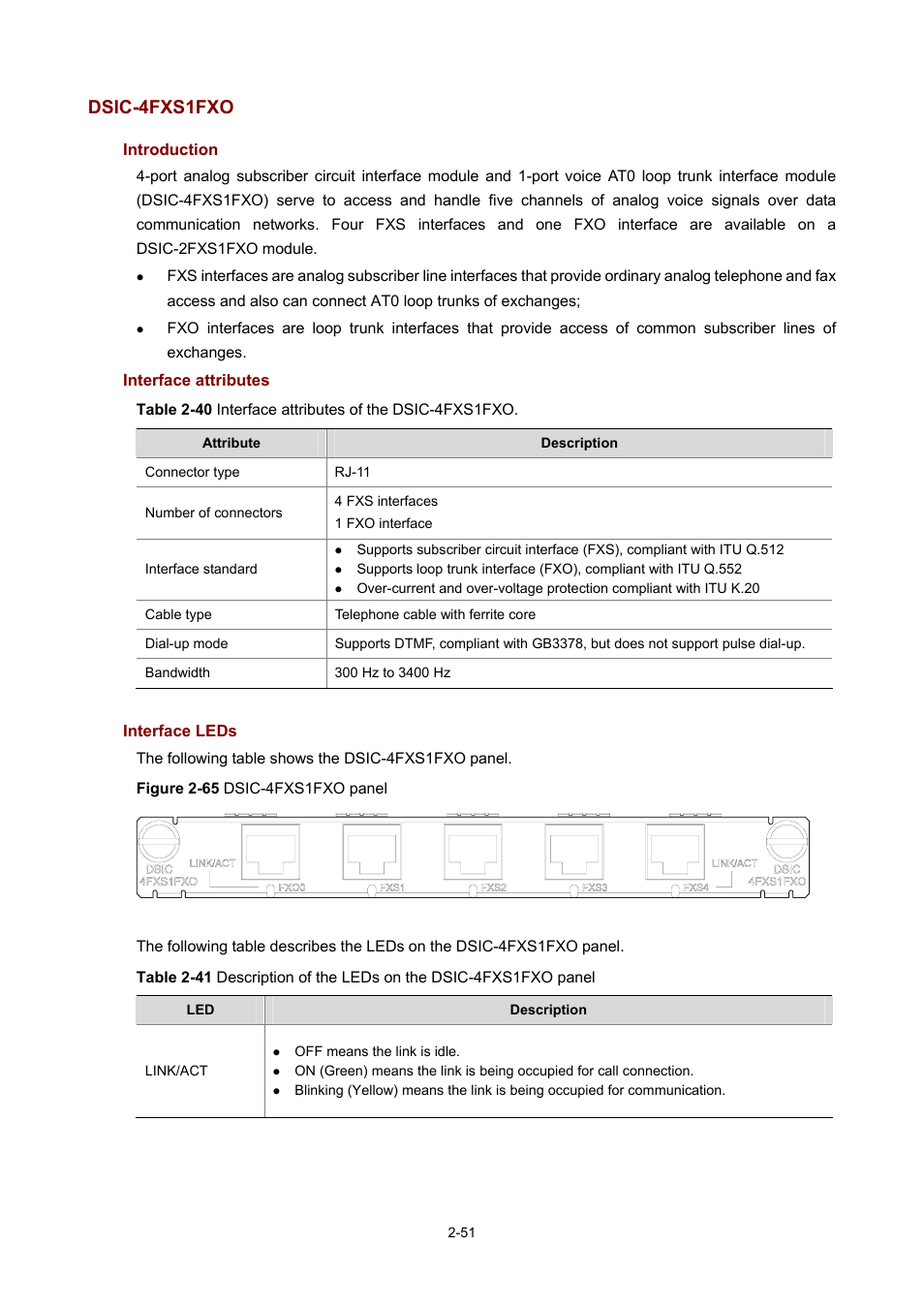 Dsic-4fxs1fxo, Introduction, Interface attributes | Interface leds | H3C Technologies H3C MSR 50 User Manual | Page 71 / 308