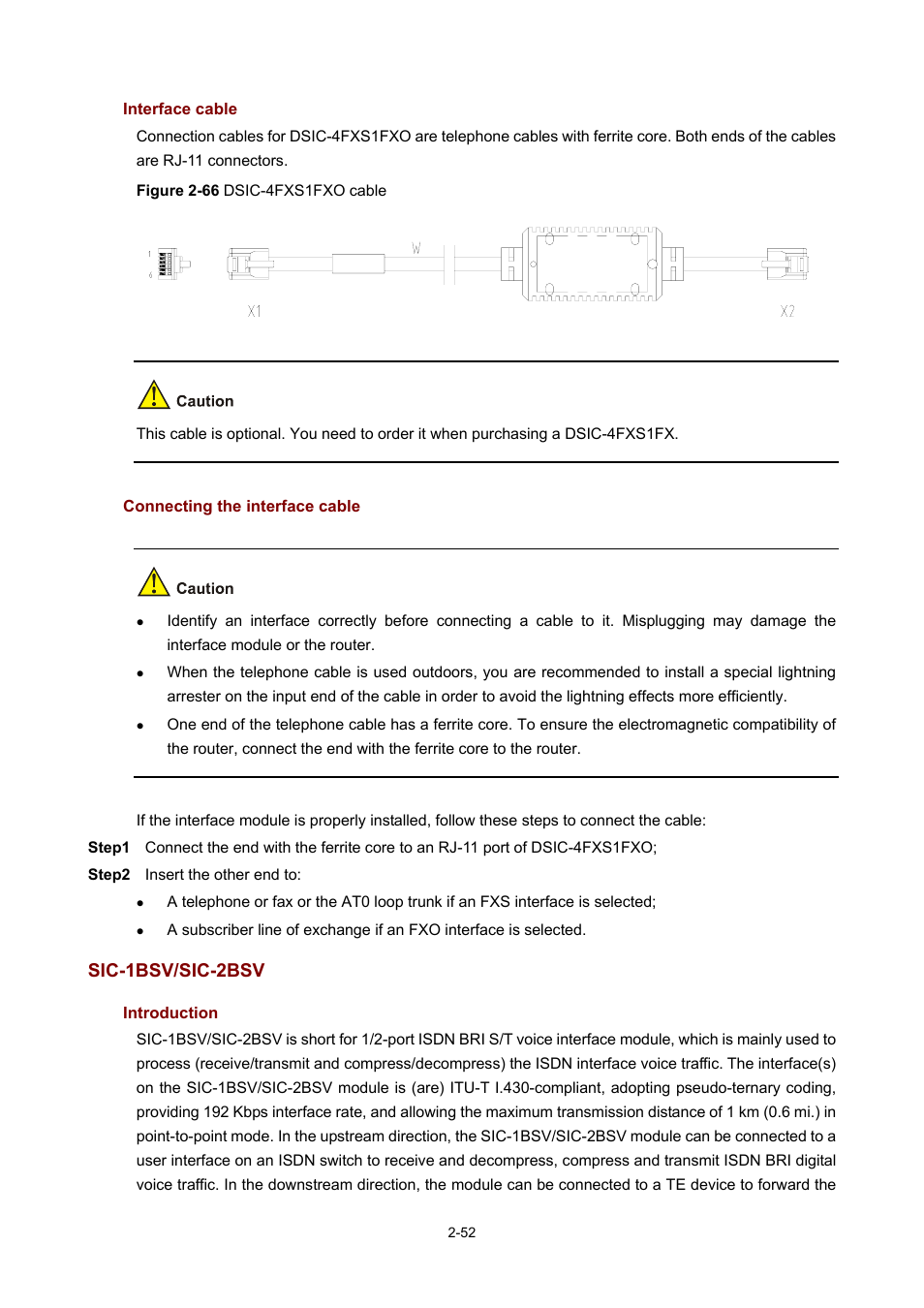 Interface cable, Connecting the interface cable, Sic-1bsv/sic-2bsv | Introduction | H3C Technologies H3C MSR 50 User Manual | Page 72 / 308