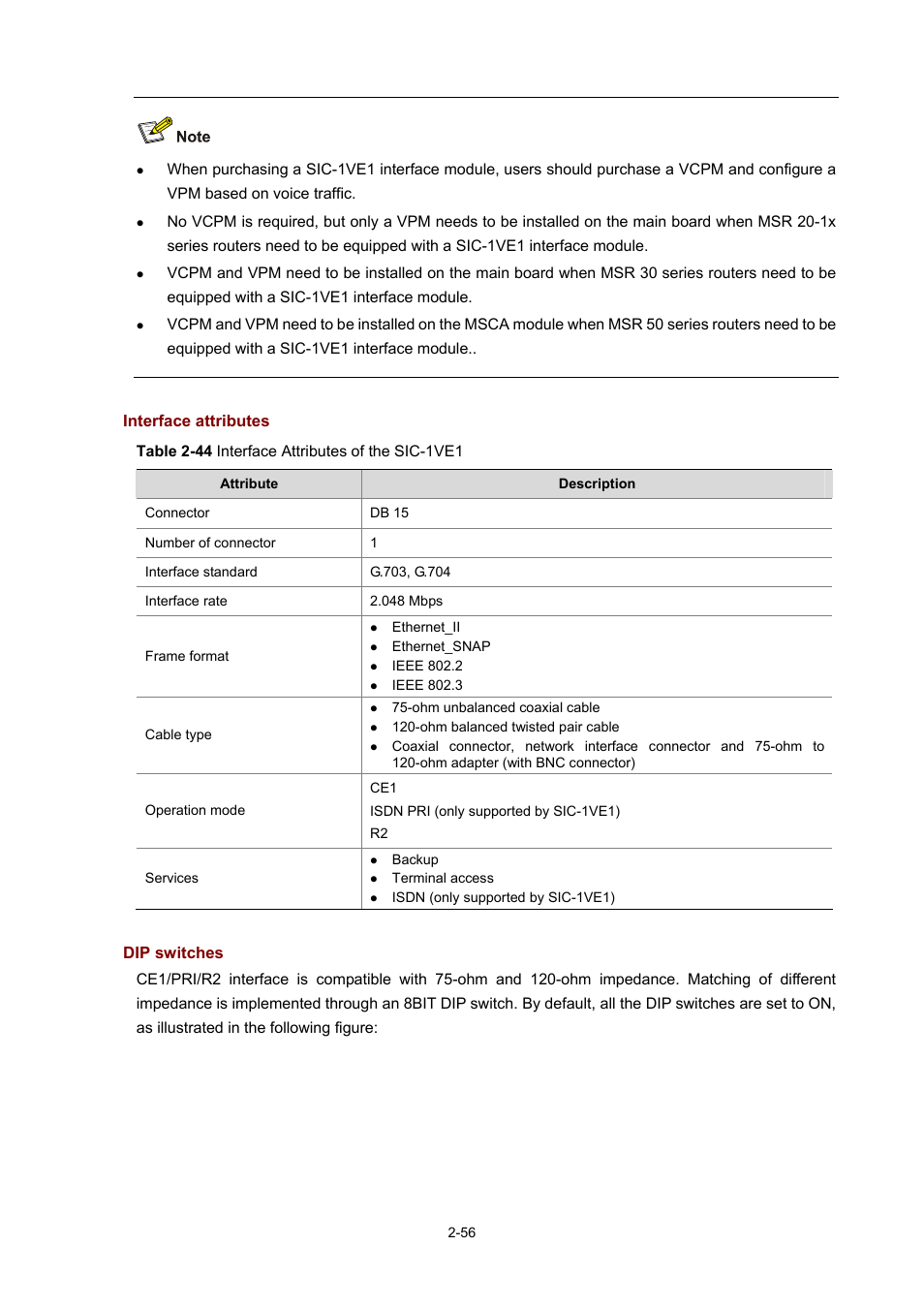 Interface attributes, Dip switches | H3C Technologies H3C MSR 50 User Manual | Page 76 / 308