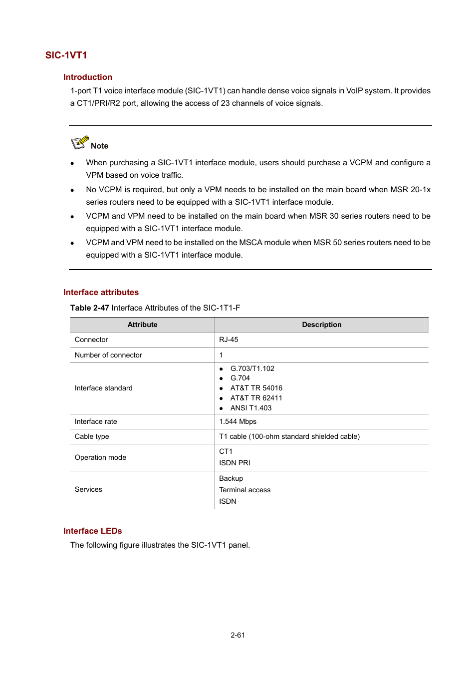 Sic-1vt1, Introduction, Interface attributes | Interface leds | H3C Technologies H3C MSR 50 User Manual | Page 81 / 308