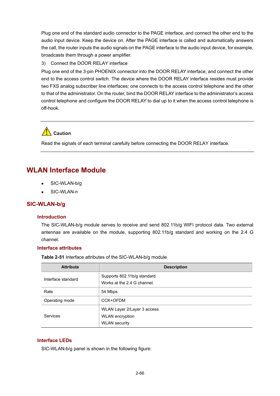 Wlan interface module, Sic-wlan-b/g, Introduction | Interface attributes, Interface leds | H3C Technologies H3C MSR 50 User Manual | Page 86 / 308