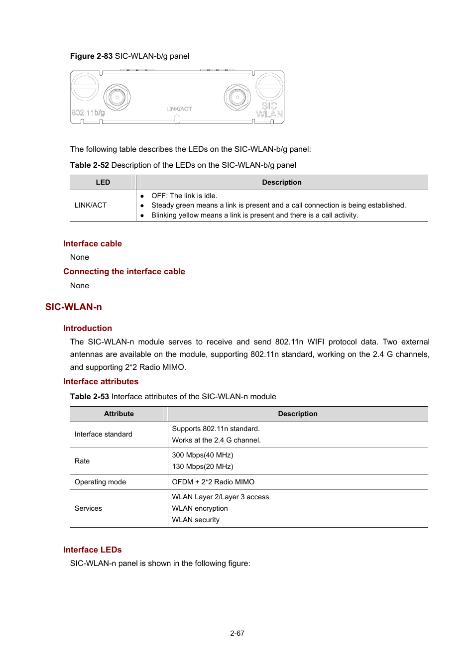 Interface cable, Connecting the interface cable, Sic-wlan-n | Introduction, Interface attributes, Interface leds | H3C Technologies H3C MSR 50 User Manual | Page 87 / 308