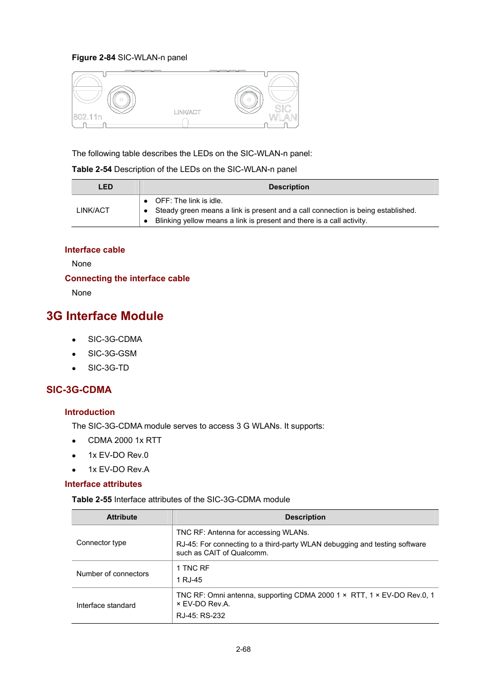 Interface cable, Connecting the interface cable, 3g interface module | Sic-3g-cdma, Introduction, Interface attributes | H3C Technologies H3C MSR 50 User Manual | Page 88 / 308