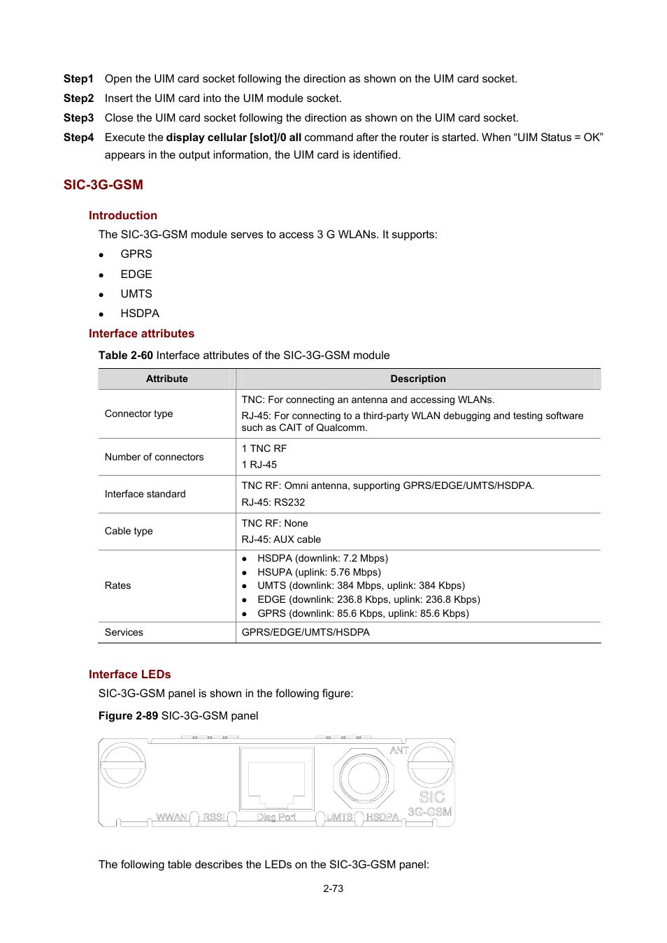 Sic-3g-gsm, Introduction, Interface attributes | Interface leds | H3C Technologies H3C MSR 50 User Manual | Page 93 / 308