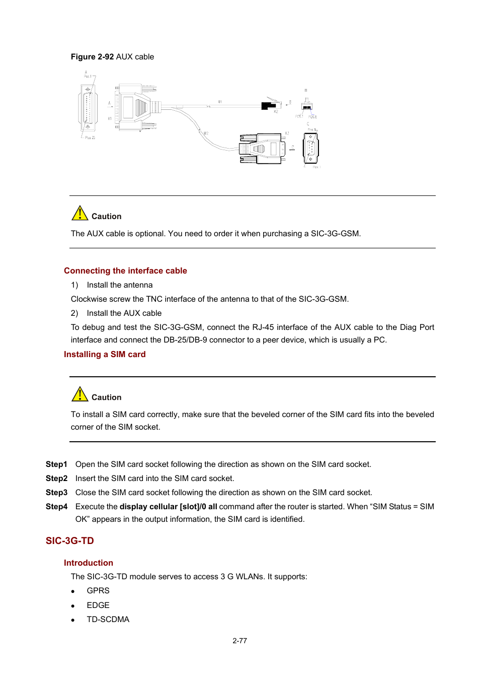 Connecting the interface cable, Installing a sim card, Sic-3g-td | Introduction | H3C Technologies H3C MSR 50 User Manual | Page 97 / 308