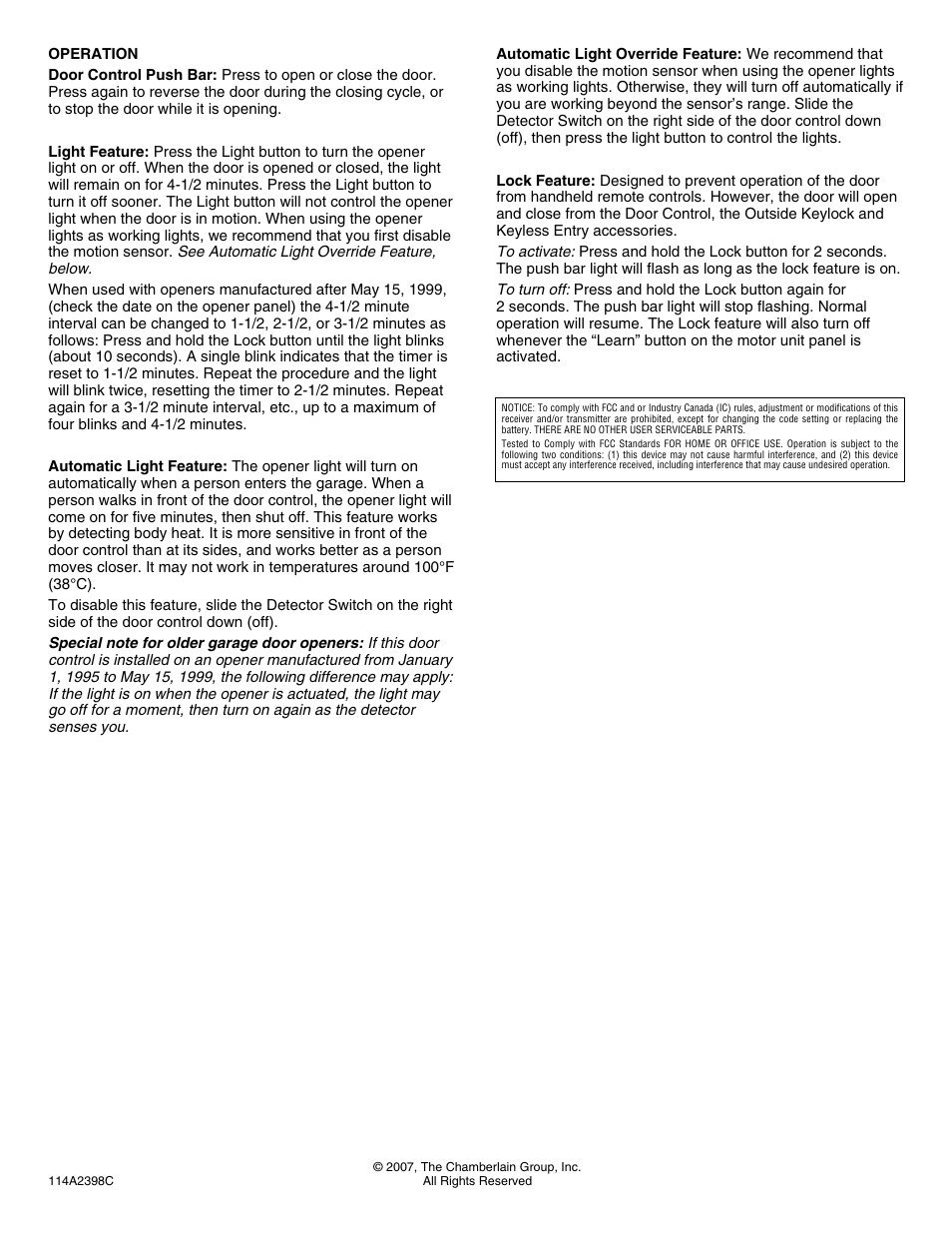 Operation, Automatic light feature | Chamberlain 935CB User Manual | Page 2 / 2