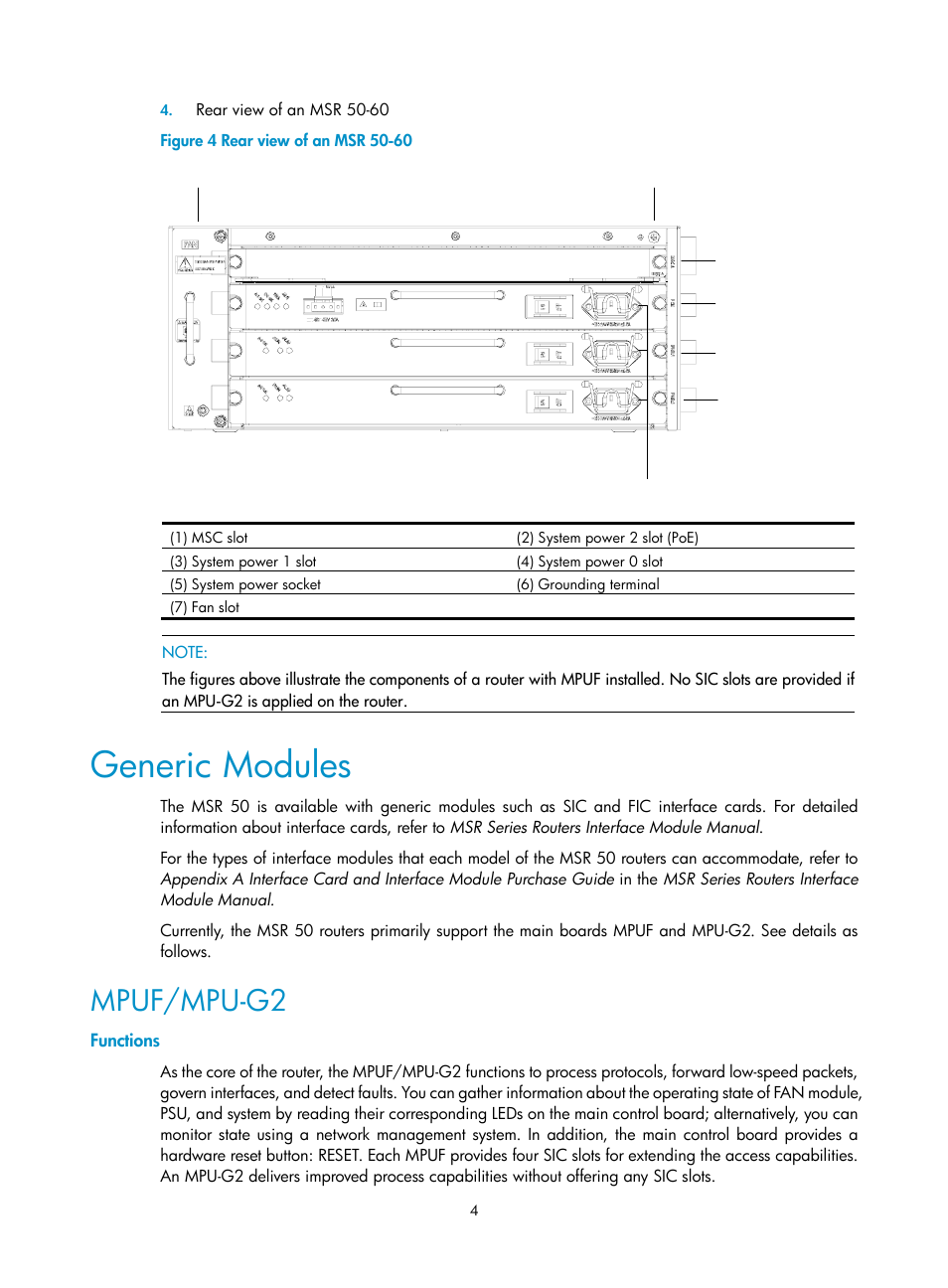 Generic modules, Mpuf/mpu-g2, Functions | H3C Technologies H3C MSR 50 User Manual | Page 12 / 89