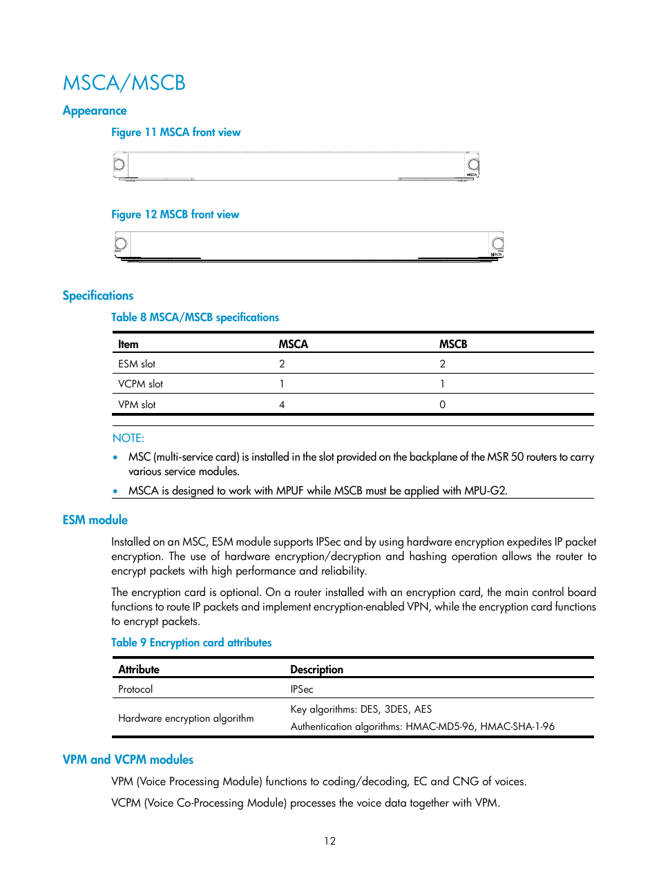 Msca/mscb, Appearance, Specifications | Esm module, Vpm and vcpm modules | H3C Technologies H3C MSR 50 User Manual | Page 20 / 89