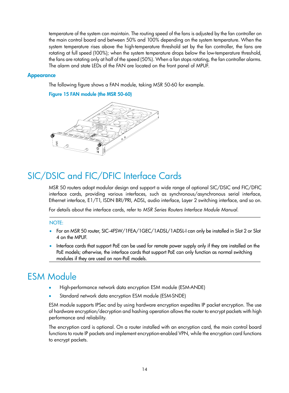 Appearance, Sic/dsic and fic/dfic interface cards, Esm module | H3C Technologies H3C MSR 50 User Manual | Page 22 / 89