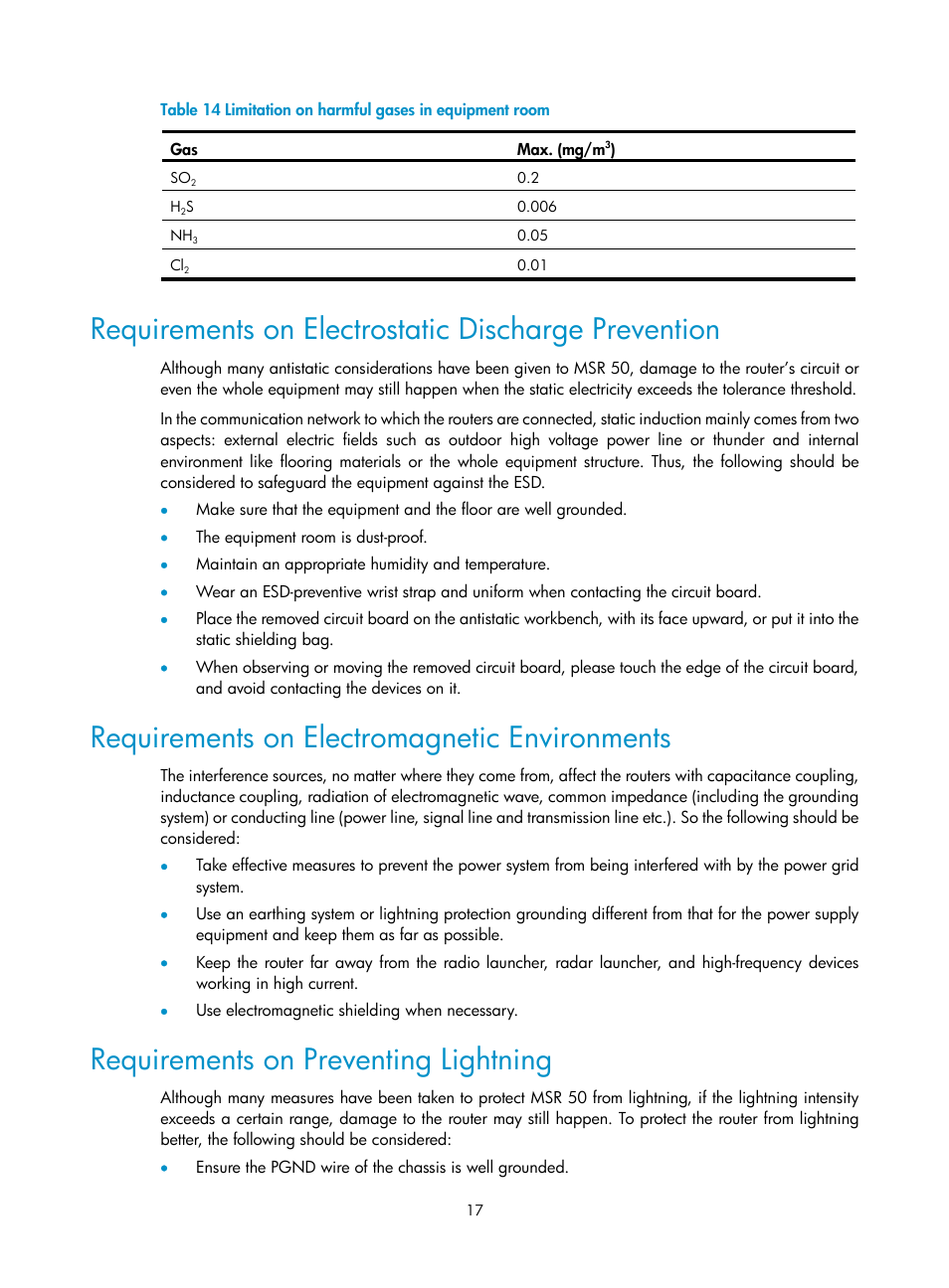 Requirements on electrostatic discharge prevention, Requirements on electromagnetic environments, Requirements on preventing lightning | H3C Technologies H3C MSR 50 User Manual | Page 25 / 89