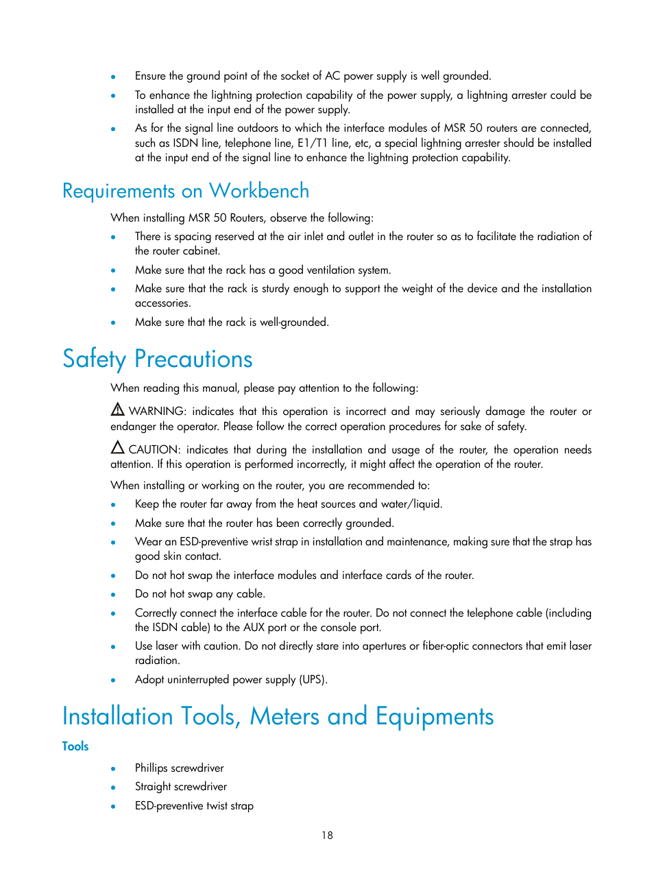 Requirements on workbench, Safety precautions, Installation tools, meters and equipments | Tools | H3C Technologies H3C MSR 50 User Manual | Page 26 / 89