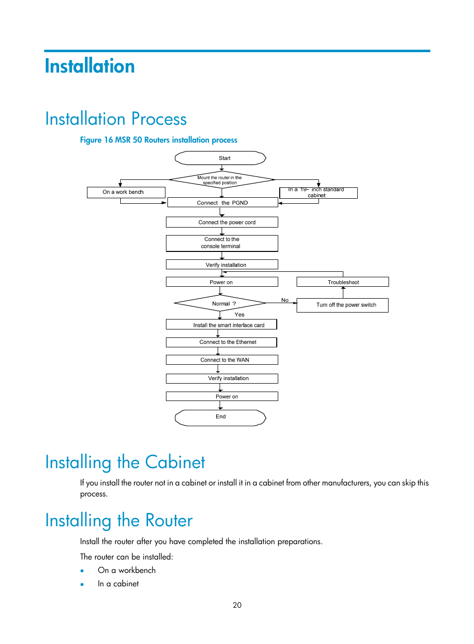 Installation, Installation process, Installing the cabinet | Installing the router | H3C Technologies H3C MSR 50 User Manual | Page 28 / 89