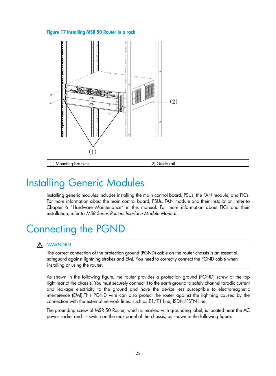 Installing generic modules, Connecting the pgnd | H3C Technologies H3C MSR 50 User Manual | Page 30 / 89