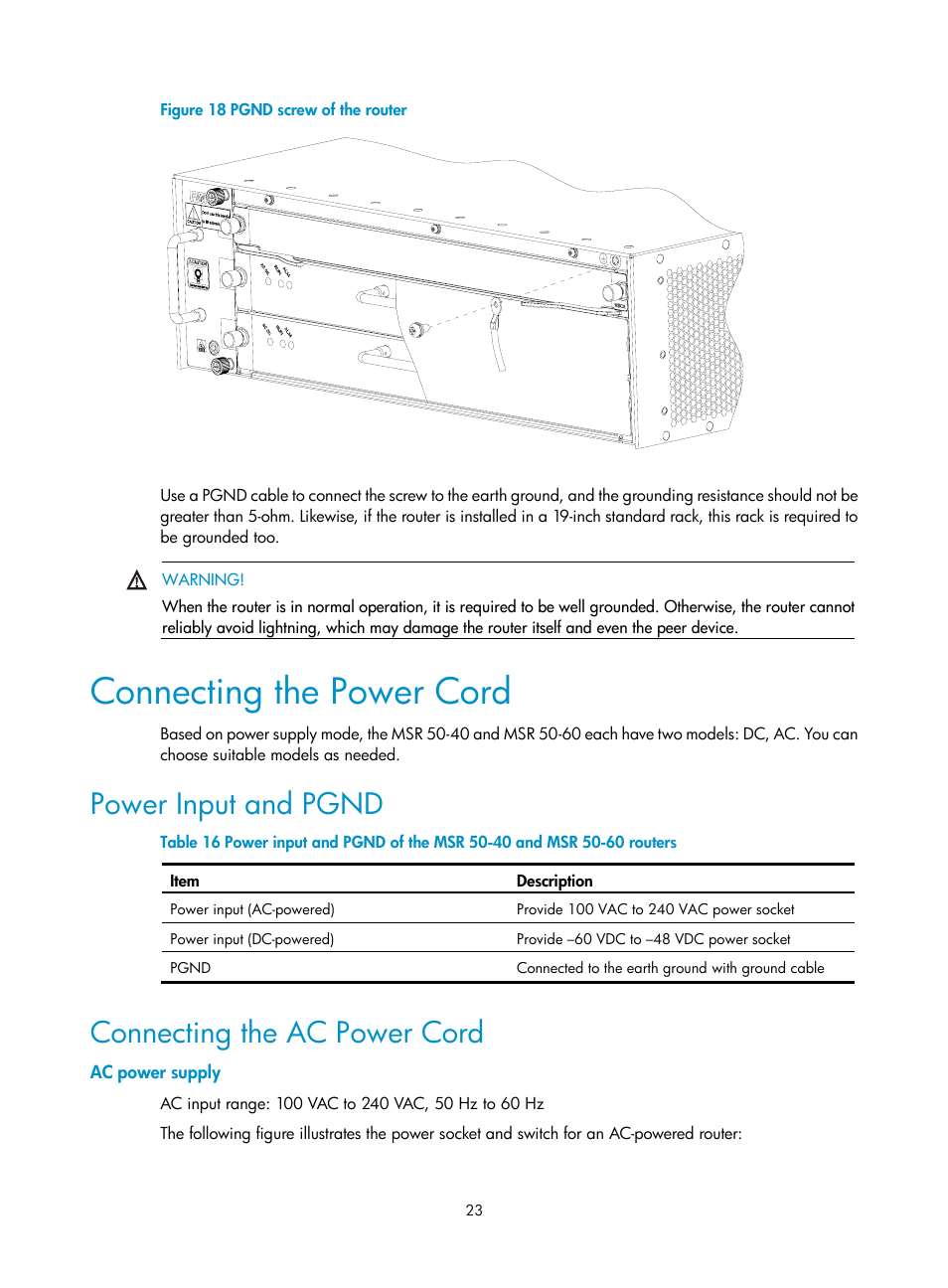 Connecting the power cord, Power input and pgnd, Connecting the ac power cord | Ac power supply | H3C Technologies H3C MSR 50 User Manual | Page 31 / 89