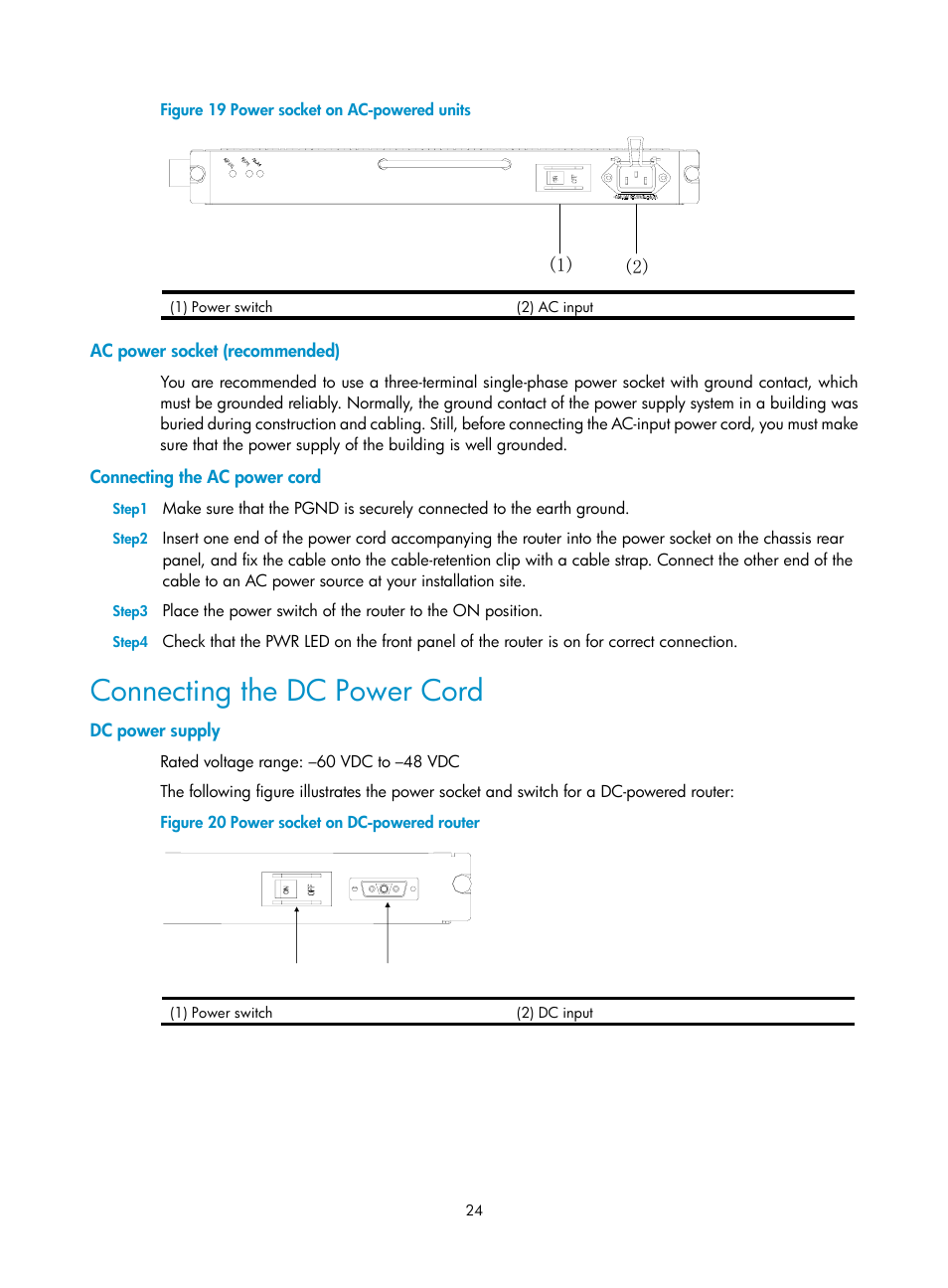 Ac power socket (recommended), Connecting the ac power cord, Connecting the dc power cord | Dc power supply | H3C Technologies H3C MSR 50 User Manual | Page 32 / 89