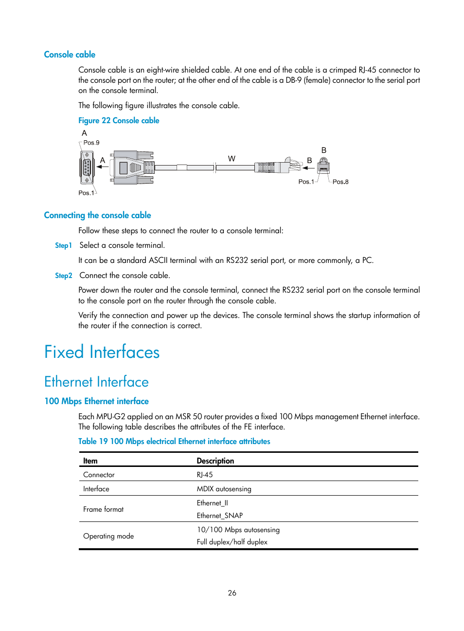 Console cable, Connecting the console cable, Fixed interfaces | Ethernet interface, 100 mbps ethernet interface | H3C Technologies H3C MSR 50 User Manual | Page 34 / 89