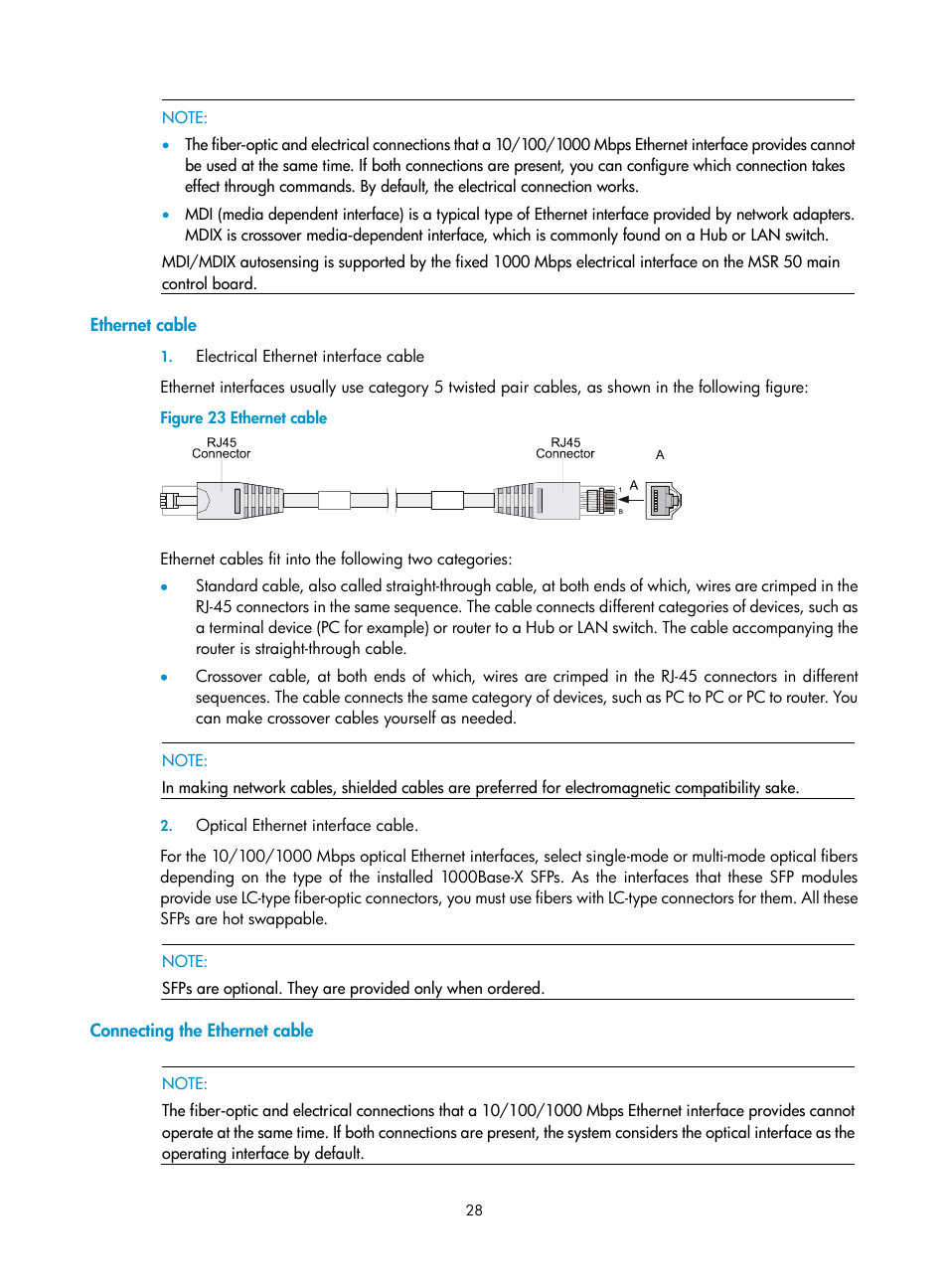 Ethernet cable, Connecting the ethernet cable | H3C Technologies H3C MSR 50 User Manual | Page 36 / 89