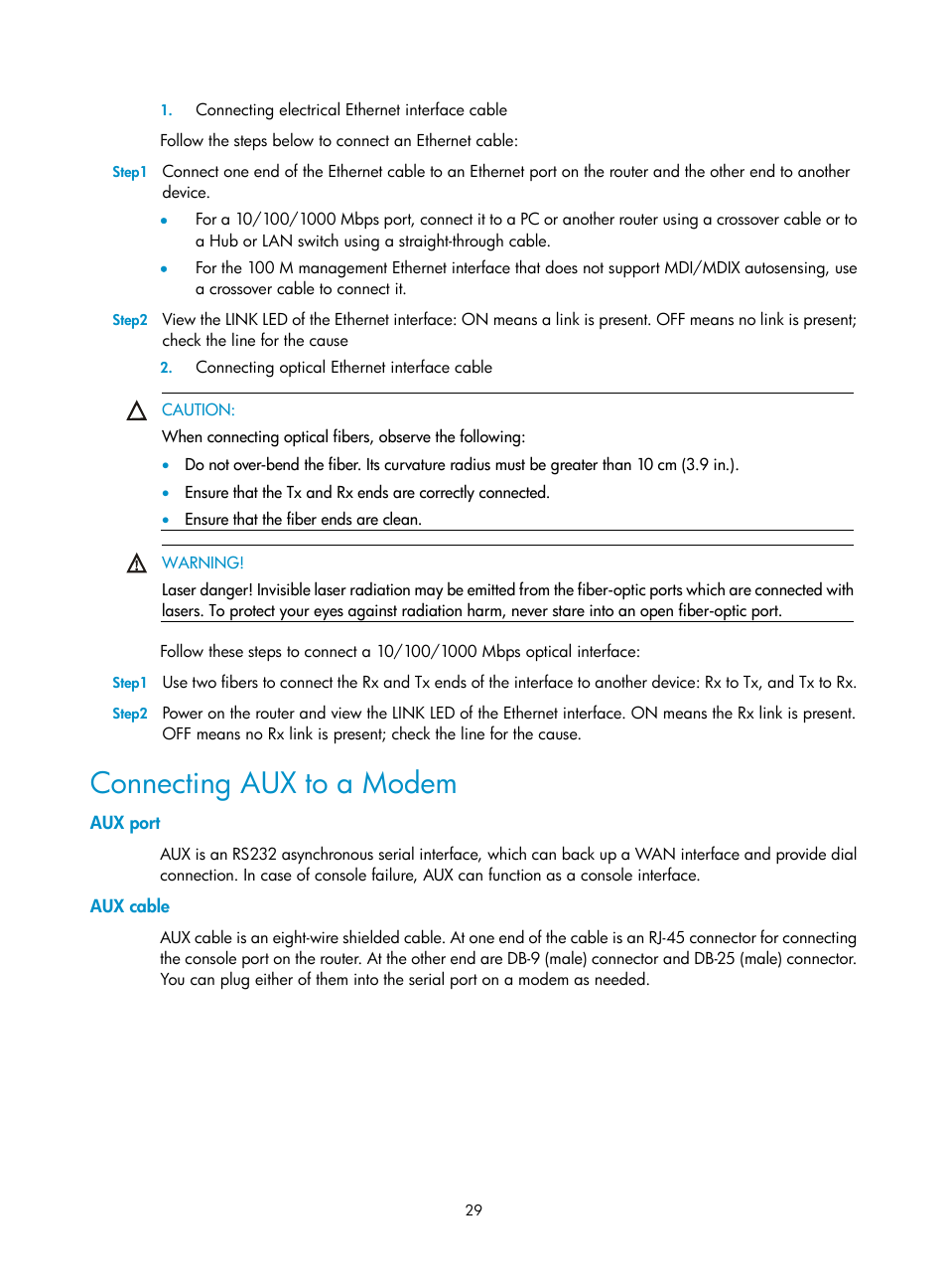 Connecting aux to a modem, Aux port, Aux cable | H3C Technologies H3C MSR 50 User Manual | Page 37 / 89