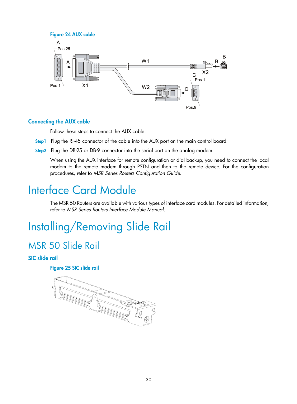 Connecting the aux cable, Interface card module, Installing/removing slide rail | Msr 50 slide rail, Sic slide rail | H3C Technologies H3C MSR 50 User Manual | Page 38 / 89